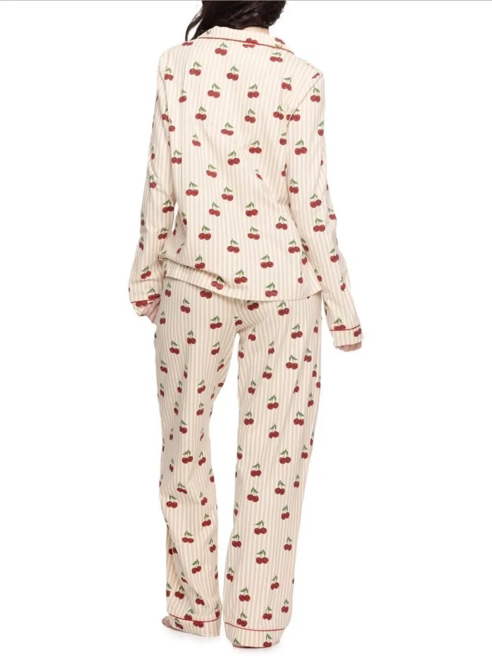 Chelsea Peers Organic Cotton Cherry Print Notch Collar Long Sleeve Pant Pj Set — image 2 of 8